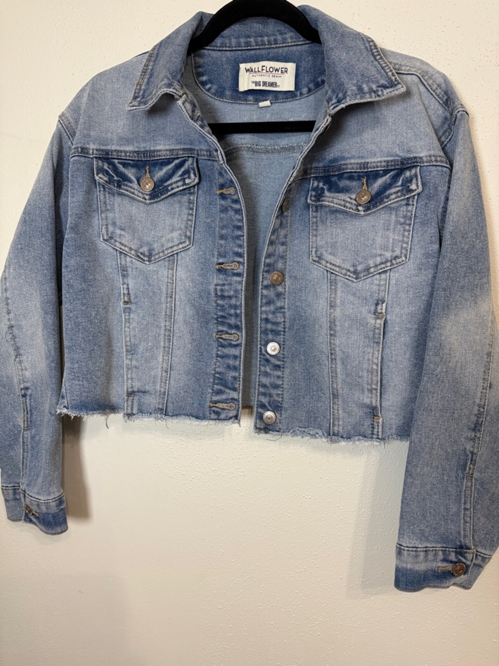 Wallflower Light Blue Cropped Denim Jacket with Raw Hem